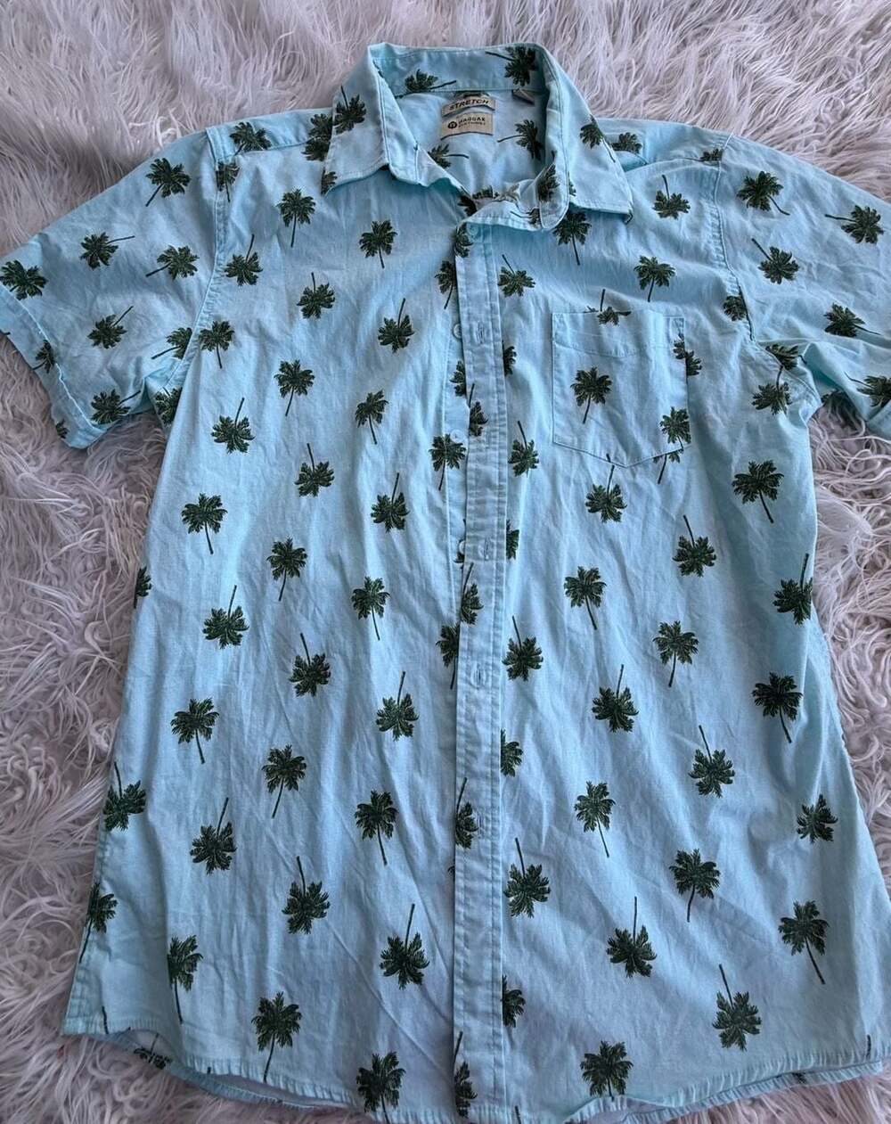 HAGGAR Large Men's Palm Tree Short Sleeve Shirt Blue Chambray